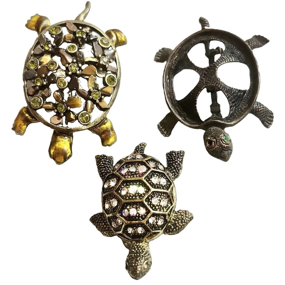Vintage Turtle Brooch Lot Liz Claiborne LC Rhinestone Figural Pins Antique Brass